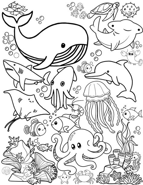 ocean animals coloring page Animal For Coloring, Aquarium Coloring Page, Animal Colouring In Free Printable, Free Ocean Coloring Pages, Ocean Printables Free, Coloring Activities For Kids Worksheets, Whale Coloring Pages Free Printable, Ocean Coloring Pages Free Printable, Colouring Pages For Kids Printables