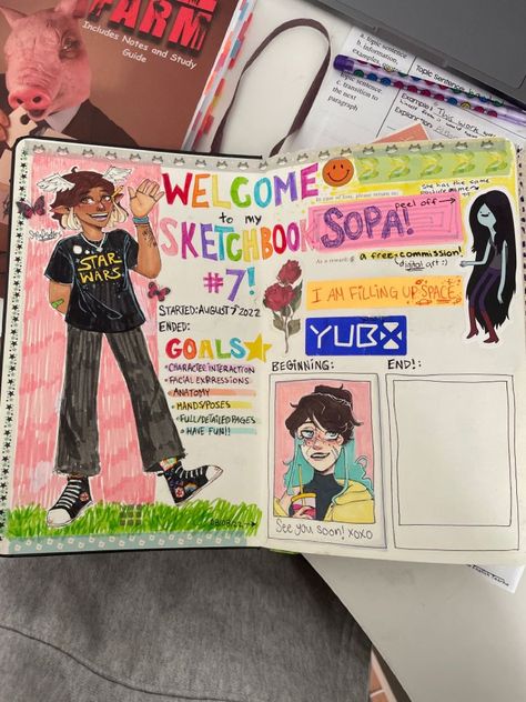 full welcome page! pls dont repost !!! Full Drawing Sketch, Beginning Sketchbook Ideas, Welcome Page For Sketchbook, Welcome Sketchbook Page Ideas, Welcoming Page Sketchbook, First Pages Of Sketchbook, Introduction Sketchbook Page, Sketch Book Welcome Page Ideas, First Sketch Book Page Ideas