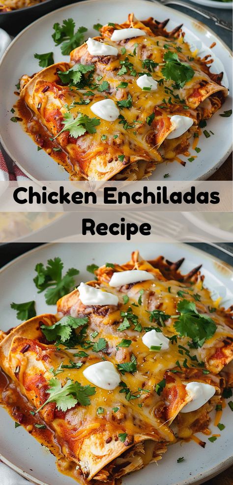 Searching for dinner ideas with chicken? This Chicken Enchiladas recipe is perfect for dinner recipes. It's a tasty chicken enchiladas meal, ideal for dinner ideas easy and dinner ideas family. Dinner Ideas Chicken Enchiladas, Mexican Meal Recipes, Enchiladas Easy Recipe, Chicken Enchiladas Rotisserie, Small Batch Chicken Enchiladas, Red Chicken Enchilada Recipe, How To Make Chicken Enchiladas, Homemade Chicken Enchiladas Recipe, Pulled Chicken Enchiladas