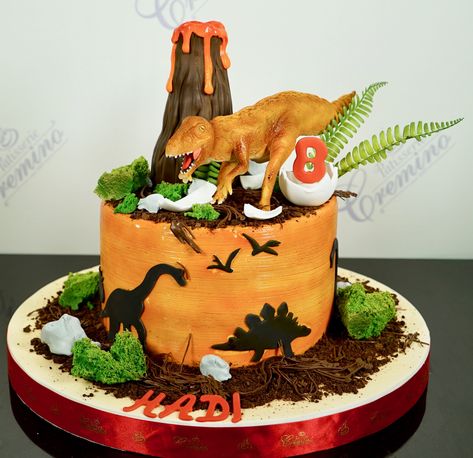 Dinosaur And Volcano Cake, Dino Cake With Volcano, Dinosaur Volcano Birthday Cake, 3rex Cake, Anklyosaurus Cake, Orange Dinosaur Cake, Dino Volcano Cake, Volcano Cakes For Kids, Volcano Dinosaur Cake