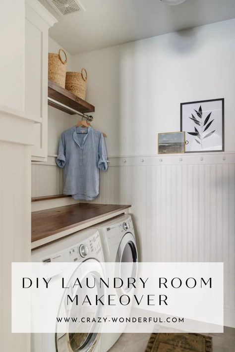 Laundry Room 2023 Trends, Laundry Room Bench And Hooks, Small Powder Room Organization, Laundry Room Panel Wall, No Window Laundry Room, Paneling In Laundry Room, Small Laundry Room No Window, Laundry Room Wood Paneling, Affordable Laundry Room Makeover