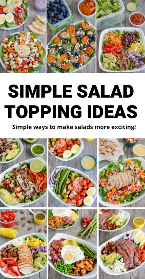 Looking for salad topping ideas? Here are lots of simple, easy ingredients you can use to boost the nutrition of your salad. Use them to add nutrients and flavor and to make your meals more exciting! Ingredients For Salads, Ingredients For Salads Healthy, Healthy Salad Add Ins, Easy Salad Toppings, Salad Base Ideas, Salad Mix Ins, What To Put In A Salad, Things To Add To Salad, Salad Bar Luncheon Ideas