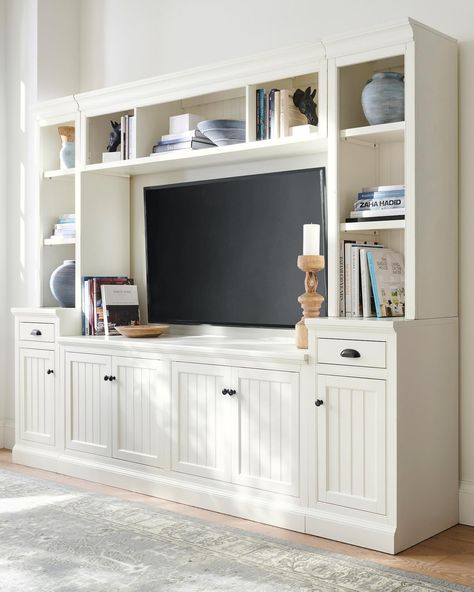 Beautiful and versatile, our best-selling Aubrey Collection comes in do-it-all designs that pull every room together. Swipe to see it styled 6 ways and tap to shop (while it’s on sale)! Pottery Barn Tv Stand, Entertainment Center For 75 Inch Tv, Entertainment Center Built In, Modern Entertainment Center Ideas, Tv Entertainment Center Ideas, Wall Unit Ideas Living Room, Media Center Ideas Living Rooms, Living Room Entertainment Center Ideas, Tv And Bookcase Wall