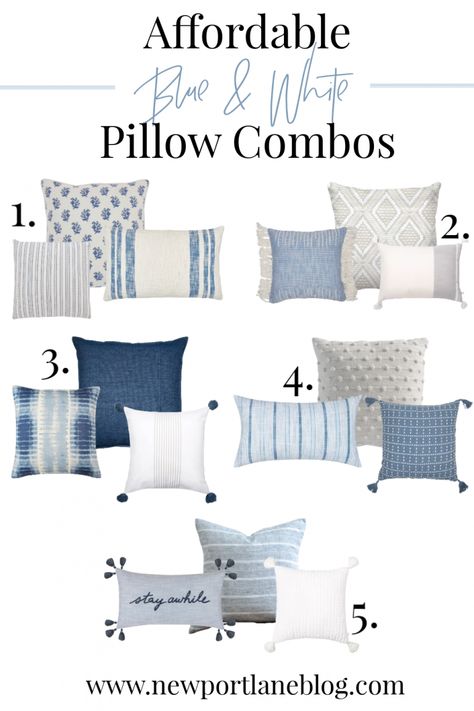 Beachy Pillows, Blue And White Bedding, Hamptons Interior, Blue And White Pillows, Pillow Combos, Throw Pillows Living Room, Blue White Decor, White Pillow, Living Room Pillows