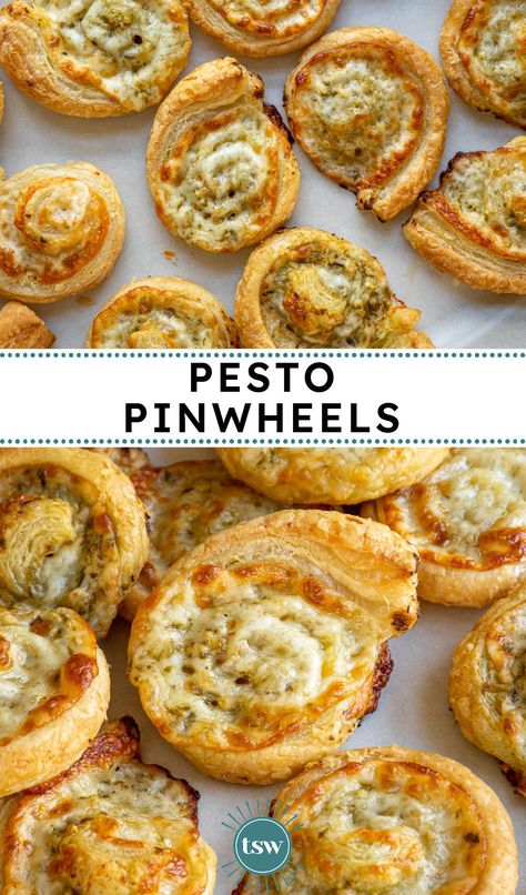 Easy Puff Pastry Pesto Pinwheels - The Schmidty Wife Puff Pastry Pesto Pinwheels, Mediterranean Pastry Pinwheels, Brunch Pinwheel Recipes, Pesto Puff Pastry Pinwheel, Basil Pesto Puff Pastry, Finger Food Puff Pastry, Picky Tea Ideas, Pesto Pastry Twists, Recipes With Simple Ingredients