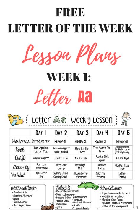 Free Preschool Lesson Plans - letter of the week -letter a Free Preschool Lesson Plans, Alphabet Lesson Plans, Daycare Lesson Plans, Weekly Lesson Plan, Daycare Curriculum, Planning School, Curriculum Lesson Plans, Toddler Curriculum, Toddler Lessons