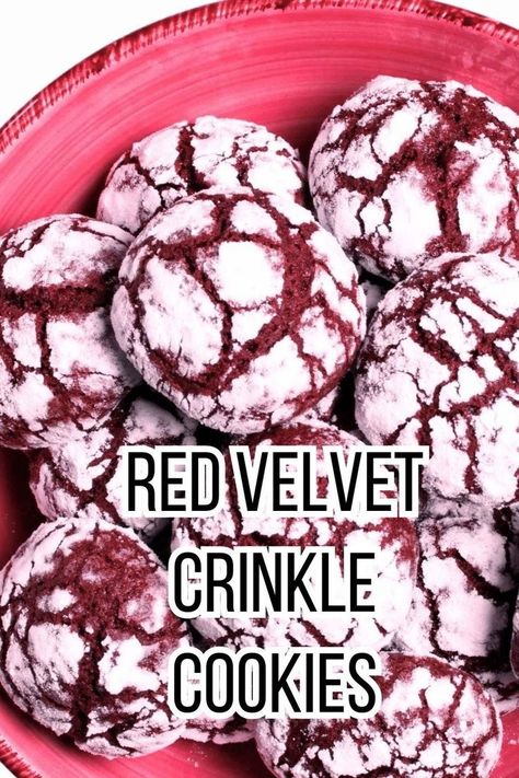 These Red Velvet cake mix cookies transform into the cutest crinkle 
cookies with a roll in powdered sugar right before baking! With soft, 
chewy centers and crinkled edges, these cookies are sure to be a hit 
with everyone. Red Velvet Cake Mix Cookies, Red Velvet Crinkles, Red Velvet Crinkle Cookies, Red Velvet Flavor, Crinkle Cookies Recipe, Red Velvet Cake Mix, Cookie Platter, Strawberry Cake Mix, Red Velvet Cookies