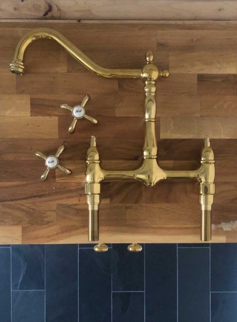 brass bridge faucet with french details. Slate tile floor. Brass Bridge Faucet Kitchen, Ikea Brass Faucet, Brass Bridge Faucet, Brass Bridge Kitchen Faucet, Bridge Kitchen Faucet With Sprayer, Bridge Kitchen Faucet, Bridge Faucet, Brass Faucet Kitchen, Kingston Brass Kitchen Faucet