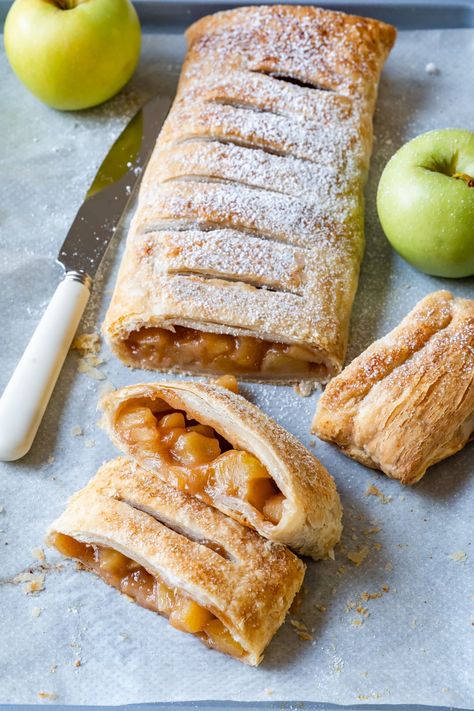 Flaky puff pastry apple strudel filled with homemade apple pie filling. Strudel Filling Recipes, Healthy Apple Turnovers, Puff Pastry Breakfast Pastries, Apple Recipe With Puff Pastry, Apple Strudel Filling Recipe, Vegan Apple Puff Pastry Recipes, Homemade Apple Strudel, Homemade Puff Pastry Poptarts, Dairy Free Puff Pastry Recipes