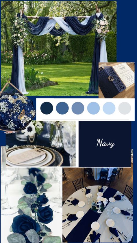 Blue And Black Theme Wedding, Marine Blue Wedding Theme, Navy Blue And Gold Wedding Backdrop, Navy Theme Wedding, Dark Beach Wedding Theme, Dark Blue Themed Wedding, Royal Blue And Grey Wedding Theme, Wedding Ideas Dark Blue, Midnight Blue And White Wedding