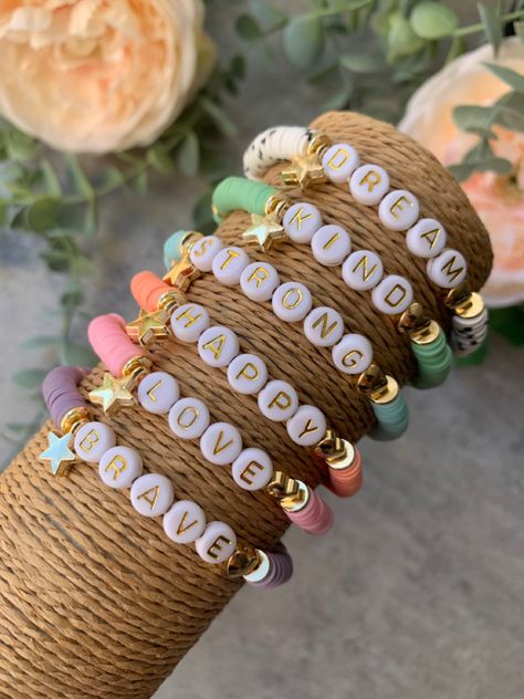 Letter Clay Bead Bracelet, Letter Bracelet Ideas, Trendy Polymer Clay Beaded Bracelets With Letter Beads, Positivity Bracelets, Letter Beads Ideas, Polymer Clay Letter Beads Friendship Bracelets, Words Of Affirmation Bracelets, Polymer Clay Letter Beads Bracelet, Letter Bracelet Beads Ideas