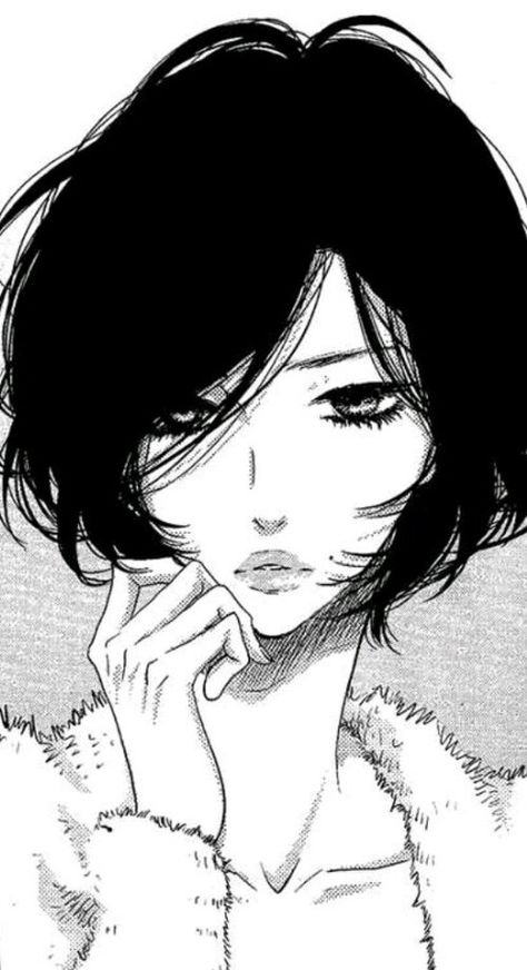 Short Haired Manga Girl, Hair Anatomy Reference, Anime Woman Hair Reference, Short Hairstyle Women Drawing Reference, Short Hair Art Drawing, Curly Short Hair Drawing, Short Haired Anime Woman, Anime Short Black Hair, Rock It Girl Manga