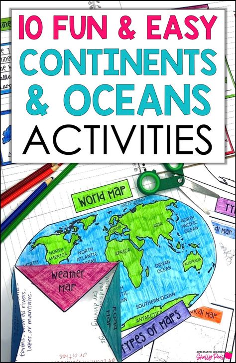 Dive into geography fun with these 10 fun, hands-on continents and oceans activities! From printable worksheets to interactive crafts and map projects, make learning the 7 continents and 5 oceans of the world a blast for kids in 2nd, 3rd, 4th, and 5th grade. Engage them with quizzes, label continents and oceans activities, and creative projects that bring the world map to life! Even includes idea for a continents and oceans quiz and a world map coloring page for kids! 1st Grade Continents And Oceans, Label Continents And Oceans, Me On The Map Free Printable, Continent Activities For Kids, 5 Oceans Of The World, Continents And Oceans Activities, 7 Continents And 5 Oceans, World Map Crafts, Map Art Projects