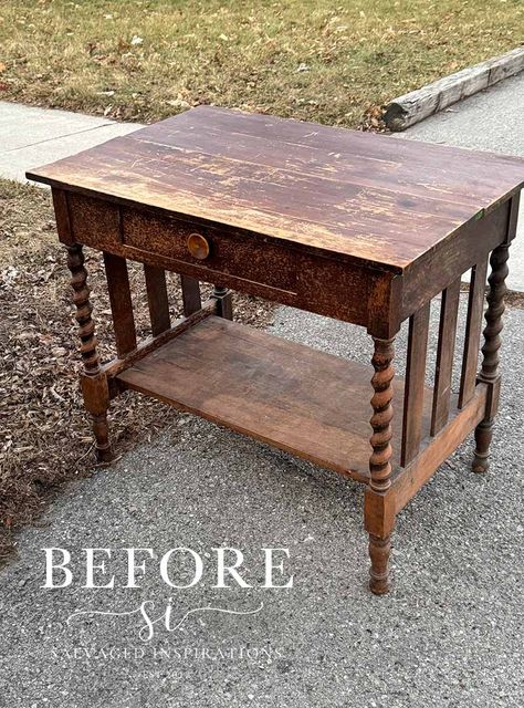 Curb Antique Table Before Refinish End Tables, Painted Table Tops Ideas, Chalk Paint Table Ideas, Refinishing Antique Table, Hand Painted Tables Ideas, Table Refurbish Ideas, Side Table Paint Ideas, Side Table Color Ideas Paint, End Table Redo