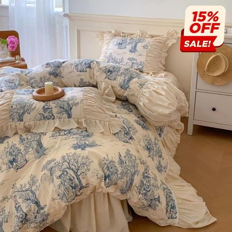 Enchant your dreams with a splash of vintage romance💙Our Courtly Blue Quilt Cover Set - where nostalgia meets comfort! 100% cotton, 100%… | Instagram Blue Ruffle Bedding, Blue Elegant Bedroom, Blue Vintage Bedroom Ideas, Blue Vintage Bedroom, Blue Apartment Aesthetic, Big Comfy Bed, Bedding Sets Blue, Bedroom Inspirations Blue, Toile Duvet Cover