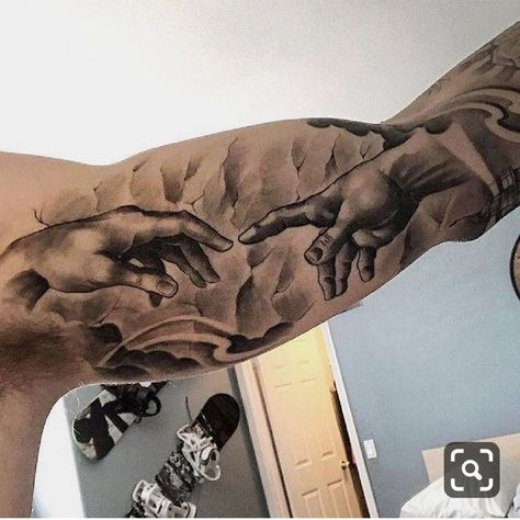 Religious Tattoo Sleeves, Tattoos Realism, Tattoo Bicep, Cloud Tattoo Sleeve, Sky Portrait, Inside Of Arm Tattoo, Herren Hand Tattoos, Bicep Tattoo Men, Half Sleeve Tattoos Forearm