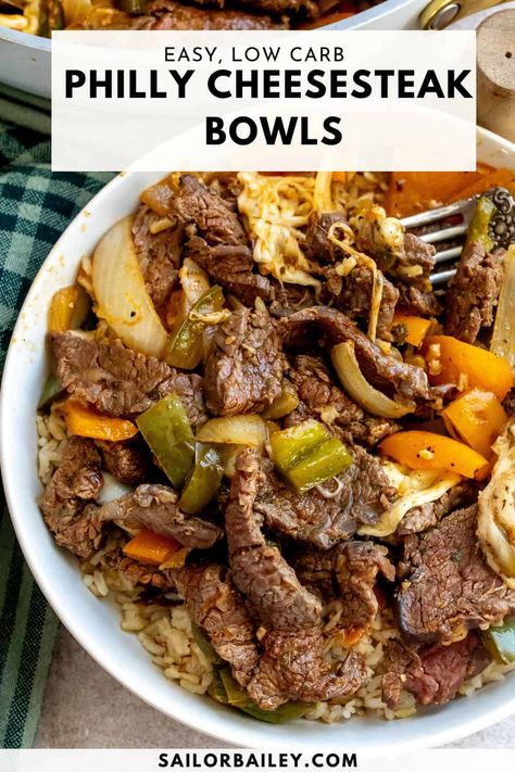 Philly Cheesesteak Bowls are easy, customizable and can be enjoyed as a low carb meal! The juicy steak is blasted with flavor you will love. via @sailor_bailey Philly Cheese Steak Protein Bowl, Philly Cheesesteak In A Bowl, Deconstructed Steak Kabobs, Cheesesteak Bowl Recipe, Healthy Cheesesteak Bowl, Philly Steak Bowl, Keto Philly Cheesesteak Bowl, Low Carb Philly Cheese Steak Wrap, High Protein Philly Cheesesteak Bowl