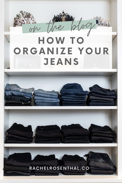 How To Organize Pants In Closet Shelves, Jeans Closet Organization Ideas, Pants Storage Closet, Jeans Organizer Closet, How To Organize Your Jeans, Organizing Jeans In Closet Ideas Shelves, Storing Pants In Closet, Ways To Store Jeans In Closet, Organize Jeans On Shelf