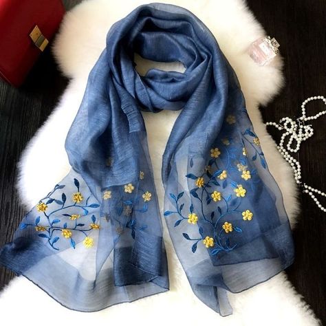 Embroidery Scarf, Flower Women, Winter Scarves, Embroidered Scarf, Handmade Embroidery Designs, Scarf Women Fashion, Pola Sulam, Printed Scarf, Soft Autumn