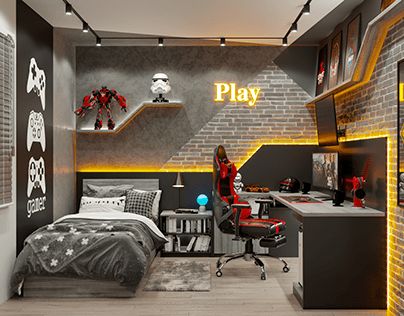 Teenage Gamer Bedroom Ideas, Tennage Boy Room Design, Bedroom For Teenagers Boys, Teenage Room Decor Boy Bedroom Ideas, Teenage Gaming Bedroom, Preteen Boy Bedroom Design, Teens Bedroom Boys, Cool Bedroom Ideas For Boys, Teen Boys Gaming Bedroom Ideas