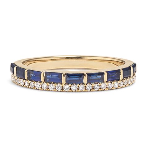 Natural diamonds and traditional blue sapphires come together in this must-have addition to your ring stack. Crafted in 14-karat yellow gold  this design is a timeless look that will remain popular for years to come. Sapphire Push Present, Two Stone Gemstone Ring, Sapphire Band Stackable, Sapphire Baguette Band, Sapphire And Gold Ring, Sapphire Stacking Rings, Colourful Wedding Band, Sapphire Wedding Band Stack, Sapphire Ring Stack