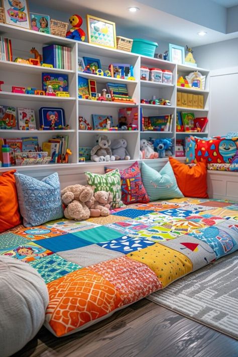 Colorful Playroom Design, Playroom Living Room Ideas, Grandparent Playroom Ideas, Playroom Conservatory, Home Sensory Room, Boho Playroom Ideas, Girls Playroom Ideas, Colourful Study, Kid Playroom Ideas