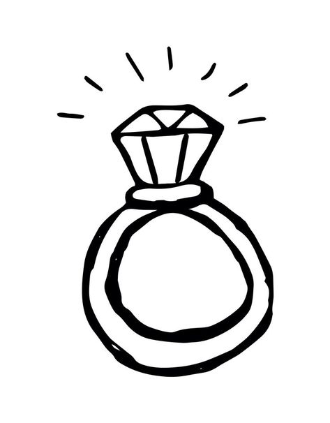 A ring with a diamond. Hand drawn doodle contour black and white vector isolated illustration. Jewellery Doodle, Paper Rings Drawing, How To Draw A Ring, Ring Illustration Drawing, Diamond Ring Sketch, Ring Drawing Simple, Ring Doodle, Rings Sketch, Wedding Ring Drawing