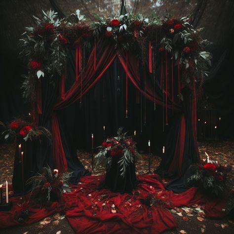 Emerald Green And Dark Red Weddings, Black And Red Goth Wedding, Dark Wedding Ideas Goth, Gothic Red And Black Wedding Dress, Black And Red Wedding Backdrop, Goth Wedding Backdrop, Spring Goth Wedding, Goth Christmas Wedding, Horror Theme Quince