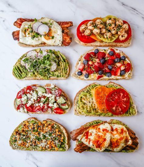 Snack Toast Ideas, Open Faced Bagel Sandwich, Open Toast Ideas, Toppings For Toast, Sourdough Toast Ideas Breakfast Recipes, Savory Breakfast Toast Ideas, Cafe Toast Ideas, Savoury Toast Toppings, Gourmet Cafe Food