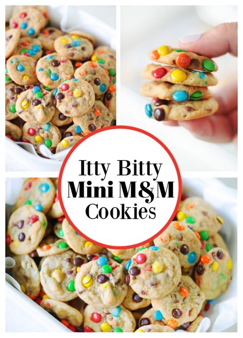 Mini M&M Cookies (Itty Bitty!) Cookie Dunkers Packaging, Mini Mm Recipes, Bake Sale Ideas Savory, Mini Mnm Cookies Recipe, Weekly Dessert Ideas, Cake Mix Cookies Halloween, Mini Crunchy Cookies, Fun Cookie Recipes For Kids, Mini Monster Cookies