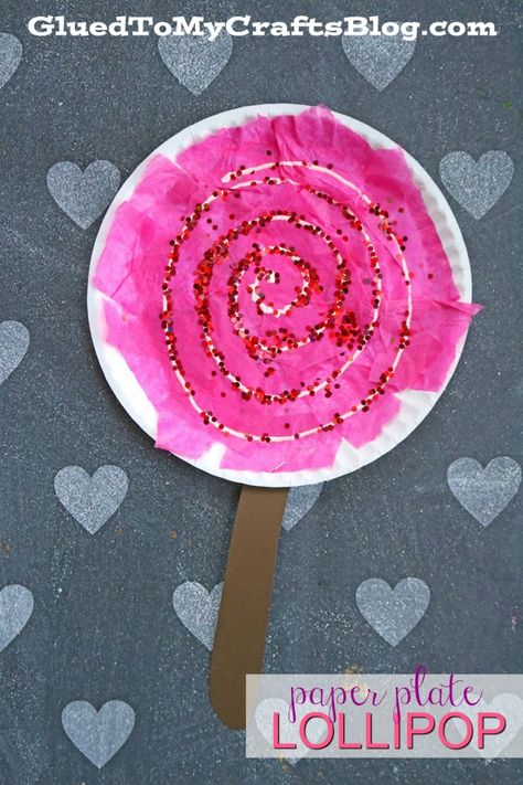 Paper Plate Lollipop - Valentine's Day Kid Craft Idea #kidcrafts #gluedtomycrafts #valentinesday #kidcraftidea Candyland Crafts For Preschoolers, Cotton Candy Crafts For Kids, Carnival Day Activities For Kids, Candy Land Crafts For Kids, Pink Crafts For Preschoolers, Candyland Crafts For Kids, February Preschool Crafts, Lollipop Template, Valentine Crafts For Toddlers