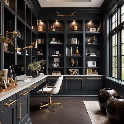 Dark Moody Study, Black Bookshelves Office, Tricorn Black Office, Black Walls Home Office, Moody Blue Library, Dark Built In Cabinets, Study Built Ins With Desk, Color Drenched Office, Moody Office Design