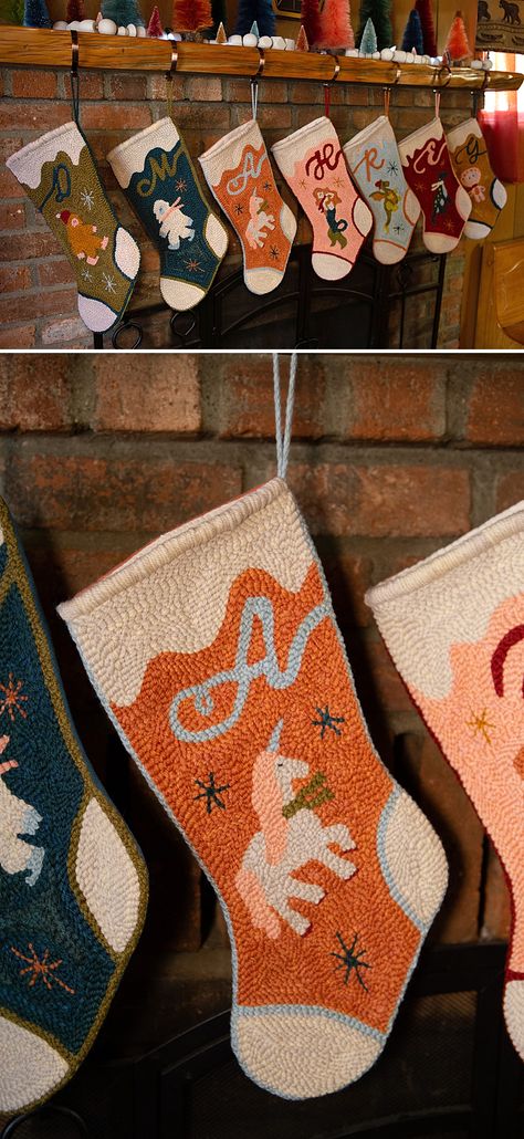 Christmas Stocking Inspiration, Unique Stockings Christmas, Diy Gifts For Christmas Homemade, Punch Needle Sweater, Handmade Stockings Christmas, Stocking Craft Ideas, Homemade Christmas Stockings Ideas, Decorating Stockings Christmas, Punch Needle Gift Ideas