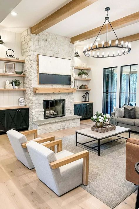 [PaidAd] 19 Impressive Rustic House Living Room Stone Fireplaces Advice You'll Be Impressed By Right Now #rustichouselivingroomstonefireplaces Beams Living Room, Modern Farmhouse Living, Fireplace Built Ins, Living Room Decor Fireplace, Modern Farmhouse Living Room, Living Room Ceiling, Home Fireplace, Farmhouse Interior, Living Room Remodel