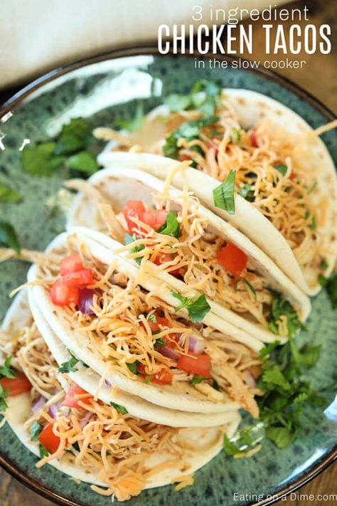 Crockpot Chicken Tacos recipe is so easy! It's very tasty and sure to make dinner a breeze. Crockpot Chicken tacos has only 3 ingredients and will be a hit. Crock Pot Chicken Tacos, Crockpot Chicken Tacos Recipes, Crockpot Chicken Tacos, Best Crockpot Chicken, Chicken Tacos Recipe, Slow Cooker Chicken Healthy, Easy Shredded Chicken, Slow Cooker Shredded Chicken, Chicken Tacos Easy