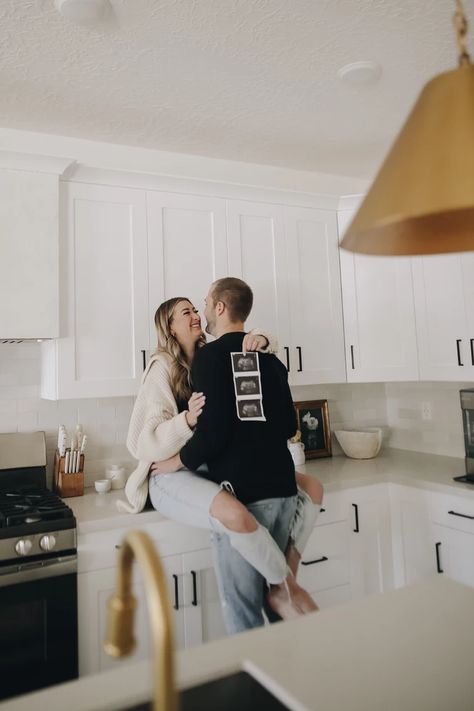 In Home Maternity Announcement, In House Maternity Photoshoot, Home Lifestyle Maternity Shoot, Half Baked Couple Maternity Photo, Maternity Photography Home Ideas, Maternity Photography Inside House, Kitchen Maternity Photos, Maternity Shoot In Kitchen, Home Announcement Pictures