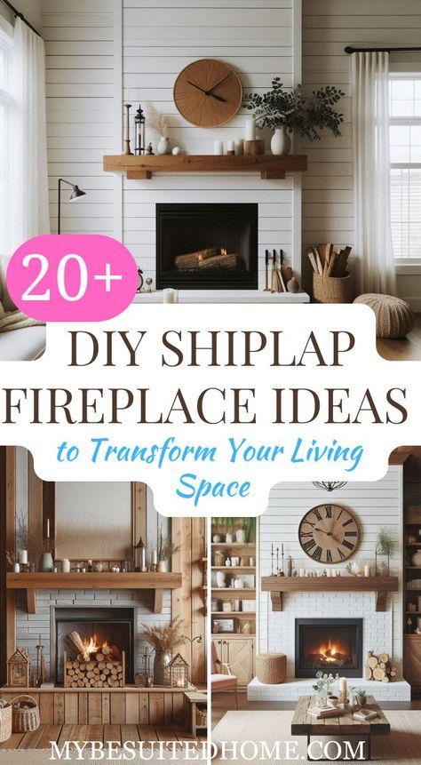 Transform your living space with over 20 DIY shiplap fireplace ideas. Discover creative and stylish ways to enhance your home's focal point with these easy-to-follow projects. #ShiplapFireplace #DIYHome #HomeImprovement #LivingRoomIdeas #DIYProjects #FireplaceMakeover #HomeDecor #CozyLiving #InteriorDesign #DIYShiplap #FireplaceDesign #HomeInspiration #LivingSpaceUpgrade Building Fake Fireplace, Farmhouse Fireplace Mantels With Tv, Floating Mantle On Brick Fireplace, Fireplace Makeover Tile Farmhouse, Shiplap Wood Burning Fireplace, Mirrors Next To Fireplace Living Rooms, How To Make Fireplace Look Bigger, Decorating Shiplap Walls Living Rooms, Hgtv Fireplace Makeovers