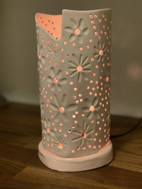 5th work finished. Carved detail on a rolled cylinder. Ceramic Lantern Ideas Pottery, Slab Cylinder Ideas, Slab Lantern Ceramics, Cylinder Clay Ideas, Clay Cylinder Projects, Clay Cylinder Ideas, Ceramics Cylinder Ideas, Clay Lanterns Ideas Ceramics, Ceramics Lantern Ideas