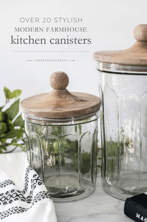 A collection of over 20 stylish kitchen canisters for your modern farmhouse or industrial kitchen that you'll love seeing on the counter. #kitchencanisters #modernfarmhouse #farmhousekitchen #glasscanisters #andersonandgrant Oil Canister Kitchen, Modern Farmhouse Kitchen Canisters, Farmhouse Kitchen Countertop Decor Ideas, White Kitchen Canisters On Counter, Farmhouse Counter Decor, Flour Jars On Counter, Kitchen Cannister Ideas, Flour Canister Ideas, Canisters For Kitchen Display