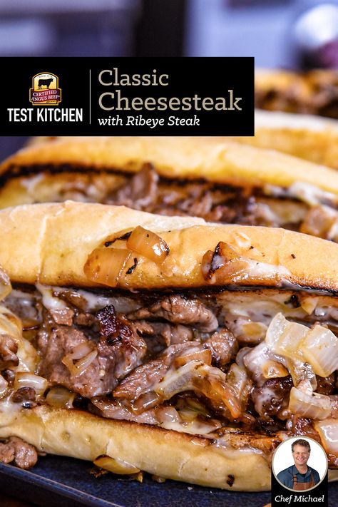 Philly Cheese Steaks done right! You can make an authentic cheese steak sandwich at home and it's oh, so amazing. Begin with a ribeye steak and follow these steps to make perfect Classic Philly Cheese Steaks. Traditional Philly Cheese Steak, Cheese Steak Cheese Sauce, Smoked Philly Cheese Steak, Ribeye Cheese Steak Recipes, Rib Eye Steak Sandwich Recipes, Sauce For Steak Sandwich, Recipes Using Ribeye Steak, Shaved Ribeye Sandwich, Philly Cheese Steak Marinade