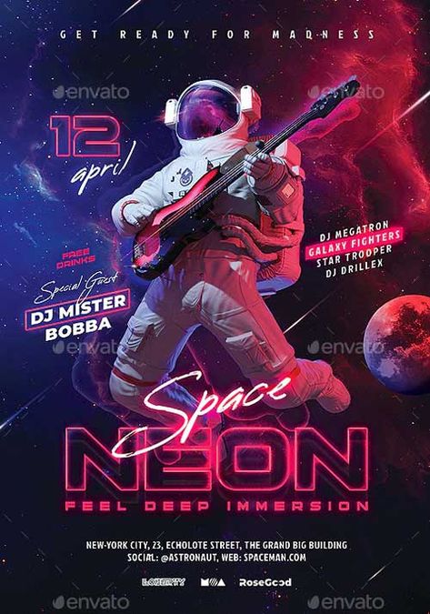 Graphic Design Neon Poster, Neon Poster Ideas, Neon Party Design, Space Flyer Design, Neon Space Party, Neon Flyer Design, Neon Poster Design Graphics, Neon Light Graphic Design, Space Graphic Design Poster