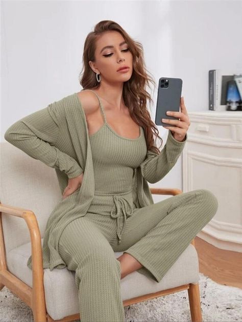 Women's Solid Ribbed Lounge Set, Casual Comfy Crop Cami Top & Long Sleeve Open Front Midi Outwear & Drawstring Pants Co-ord Set, Pyjama Set for Spring & Fall Flirty Pajamas, Pijamas Women, Pyjamas Womens, Matching Family Pajamas, Loungewear Women, Three Piece Suit, Womens Pyjama Sets, Loungewear Set, Pajama Set Women