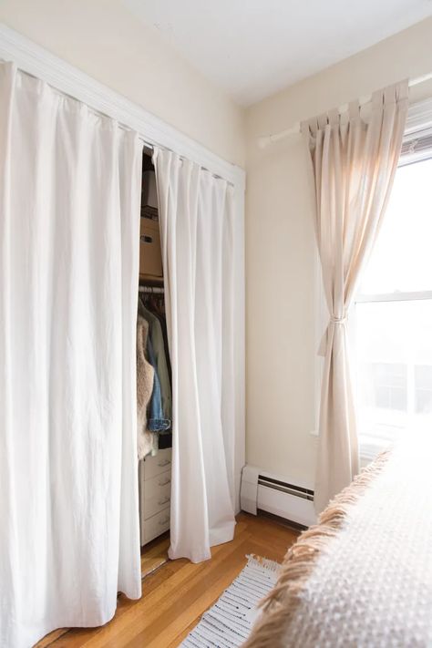 Closet Door Alternative, Curtains For Closet Doors, Bedroom Closet Doors, Closet Curtains, Simple Closet, Open Closet, Closet Door, Closet Makeover, Closet Ideas