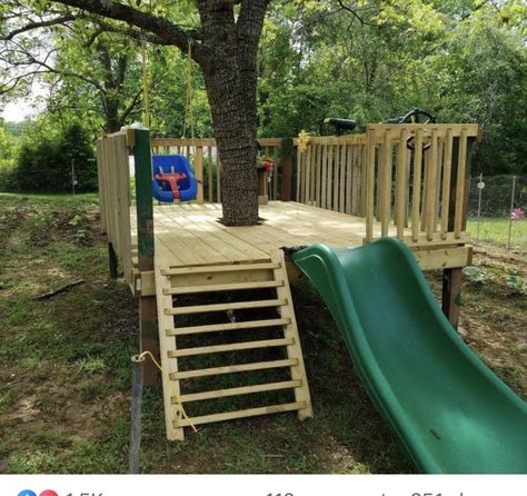 Play Yard Toddler Bed, Outside Tree Decor, Small Diy Playground, Play Structures For Small Yards, Backyard Tree Decorating Ideas, Platform Play Area, Fort Around Tree, Tree Fort Around Tree, Kids Outdoor Play Area Ideas Playground Design