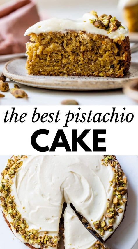 This Pistachio Cake is nothing short of perfection! Made with real pistachios and without food coloring, then topped with a mascarpone frosting and extra pistachios, it's an easy one-layer cake that you'll want to make for every special occasion! Pistachio Cake Recipe From Scratch, Css Ideas, Pistachio Recipes Desserts, Lemon Pistachio Cake, Chai Recipes, Pistachio Cake Recipe, Pistachio Dessert, Quick Baking, Pistachio Recipes