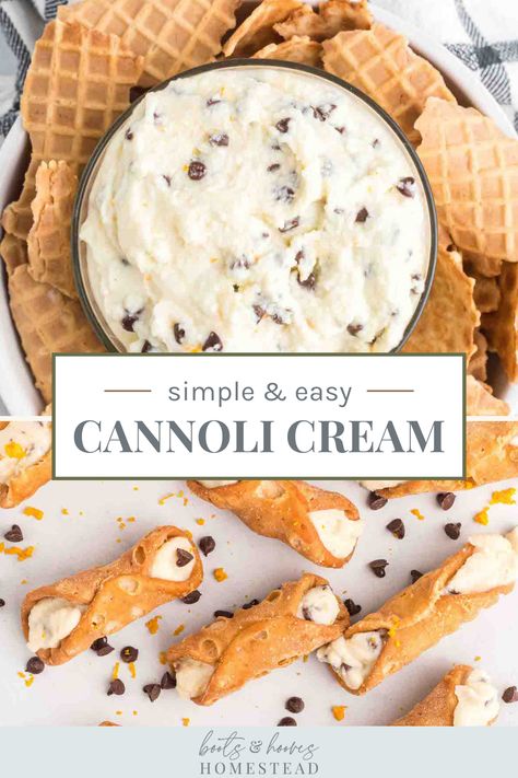 This easy to make traditional cannoli filling recipe makes a delicious dessert and you can use it several ways. From stuffing it inside of cannoli shells, enjoying it with graham crackers, on a fresh pastry…or even eat it right off of the spoon!  Traditional cannoli consist of crisp, fried pastry shells filled with a sweet, creamy ricotta-based filling, often flavored with citrus zest, vanilla, or cinnamon. Cannoli Custard Filling, Cannoli Cream Puffs, Ricotta Filling For Cannoli, Easy Canolis Recipe, Cannoli Filling With Cream Cheese, Best Dessert With Italian Food, Canolli Filling Recipe Cannoli, Canoli Fillings Without Ricotta, Cannoli Recipe Filling Mascarpone