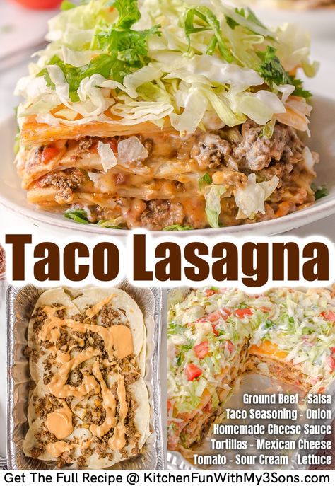 Taco Lasagna is a delicious, easy dinner with layers of beef, tortillas and seasoning, all topped with a homemade cheese sauce. #Recipes #Dinner #Mexican Taco Lasagna Recipe Tortilla, Cheese Sauce Recipes, Mexican Lasagna With Tortillas, Taco Lasagna Recipe, Dinner Mexican, Mexican Lasagna Recipes, Soft Tortillas, Taco Lasagna, Frugal Food