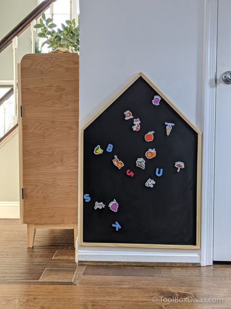 How to Make a House Shaped Magnetic Chalkboard for Cheap Chalkboard Paint Playroom, Diy House Chalkboard, Magnetic Play Board, Playroom Cricut Ideas, Kids Chalkboard Ideas, Magnetic Board Playroom, House Chalkboard Ideas, Magnet Decoration Ideas, House Shaped Chalkboard