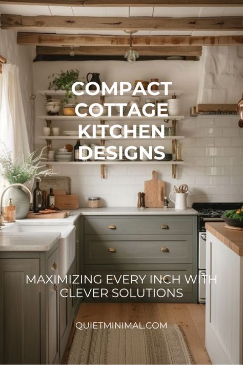 Explore alluring cottage kitchen design ideas tailored for small spaces, where creativity and functionality combine to maximize every inch. Discover ingenious solutions for your petite kitchen. #CottageKitchen #SmallSpaces #IngeniousDesign Small Cottage Style Homes Interiors, Best Small Kitchen Design, Low Windows In Kitchen, Cottage Cozy Kitchen, Unconventional Kitchen Ideas, Tiny Cottage Kitchen Ideas, Small Country Cottage Interiors, Small Cottage Kitchen Ideas Layout, Kitchens With Shelves