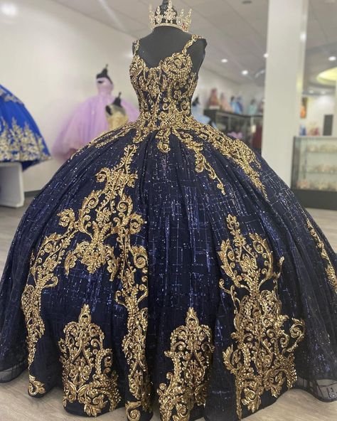 Blue And Gold Ballgown, Dark Blue And Gold Quince Dress, Quince Dresses Navy Blue And Gold, Navy Blue Quince Dresses With Gold, Dark Blue With Gold Quinceanera Dresses, Midnight Blue And Gold Quinceanera Dresses, Navy And Gold Quinceanera Dresses, Quince Navy Blue Dresses, Quinceñera Dresses Navy Blue